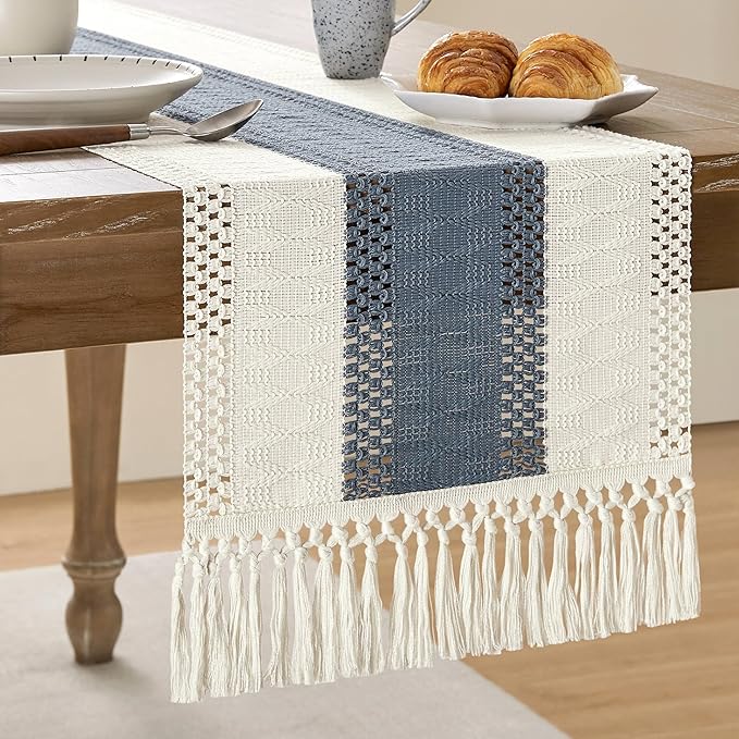 ZeeMart Macrame Style Bicolor Stitching Table Runner, 14 x 72 Inch Navy/Ivory, Boho Navy Blue Table Runners 72 Inches Long, Farmhouse Woven Home Decor