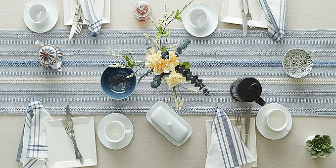 DII Farmhouse Braided Stripe Table Runner Collection, 15x72 (15x77, Fringe Included), Stonewash Blue