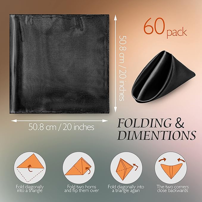 Manyshofu 60 Black Satin Napkins - 20x20 Inches Square Satin Fabric Napkins Set - Elegant Reusable Table Napkins for Wedding Dinner Party Lunch Banquet Restaurant Decoration