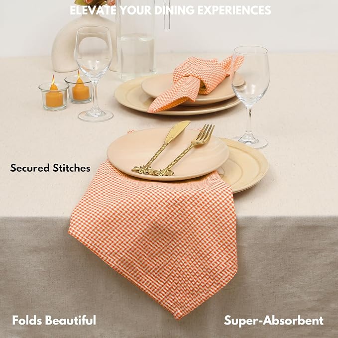 Cloth Napkins 18”X18” 100% Cotton Decorative Washable Table Houndstooth Check Napkin for Kitchen, Party, Wedding, Restaurant & Camping - Orange (Set of 4)