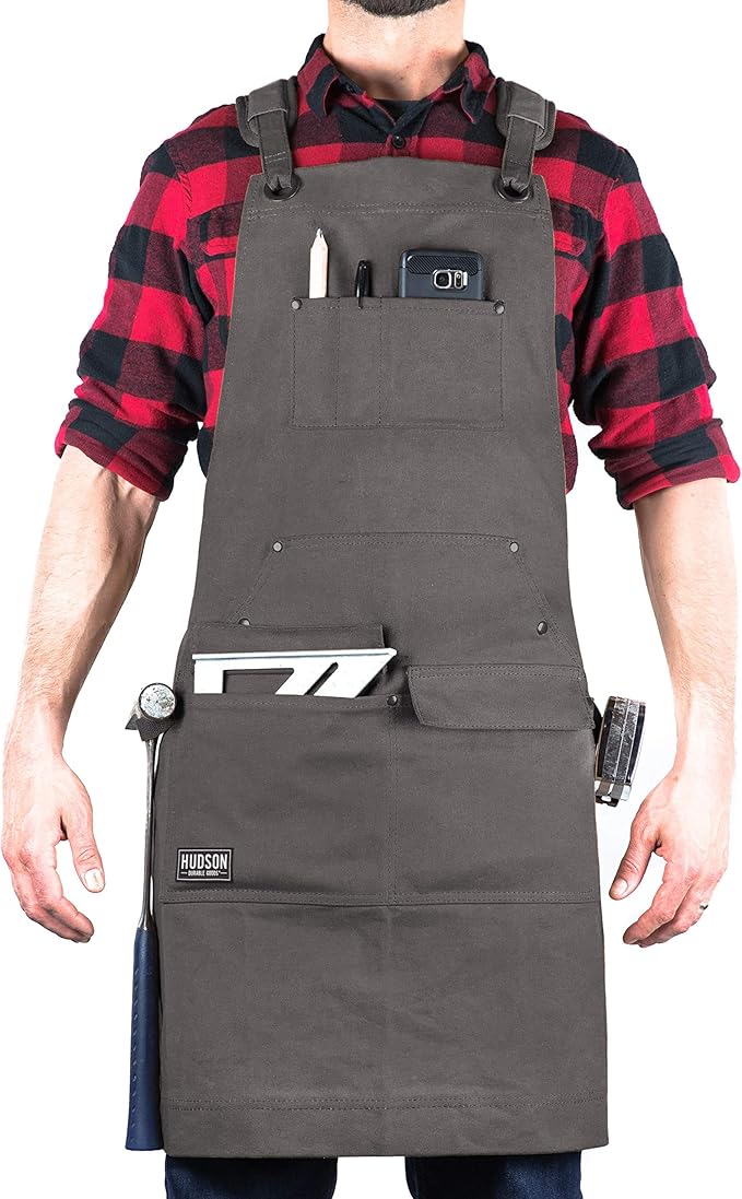 Hudson Durable Goods Woodworking Edition Waxed Canvas Tool Apron for Men and Women, Heavy Duty Work Apron with Front Pockets, Adjustable Padded Straps, Quick Release Buckle, Crossback - One Size, Grey