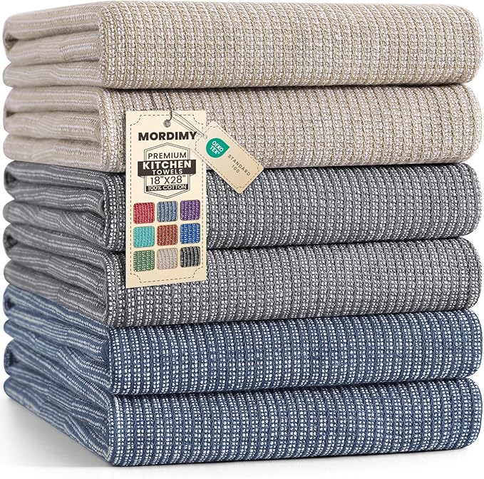 Mordimy Premium Kitchen Towels 6 Pack (18 x 28 Inches, Multicolor), Large Cotton Kitchen Hand Towel, Flat & Terry Dish Towels for Drying Dishes, Super Absorbent Tea Dishtowels Set with Hanging Loop