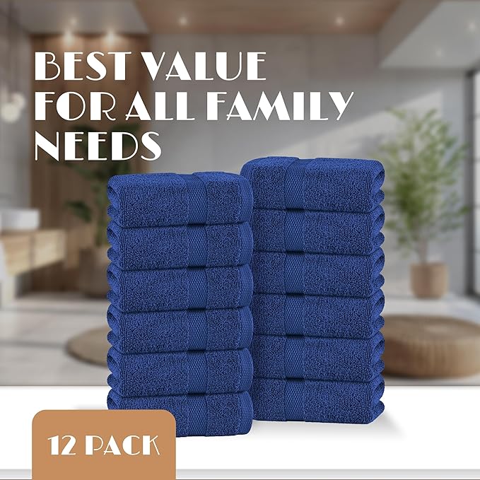 White Classic Navy Washcloths Set for Body and Face Towel, Cotton Wash Cloths Bulk 12 Pack, Spa Fingertip Wash Clothes 12x12 Inch, Soft Absorbent Gym Towels