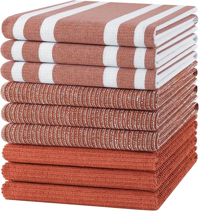 Homaxy Premium Kitchen Towels(18”x 28”, 9 Pack), Large Cotton 380 GSM Kitchen Hand Towels, Soft and Absorbent Terry Dish Towels, Multipurpose Tea Towel Set with Hanging Loop, Rust