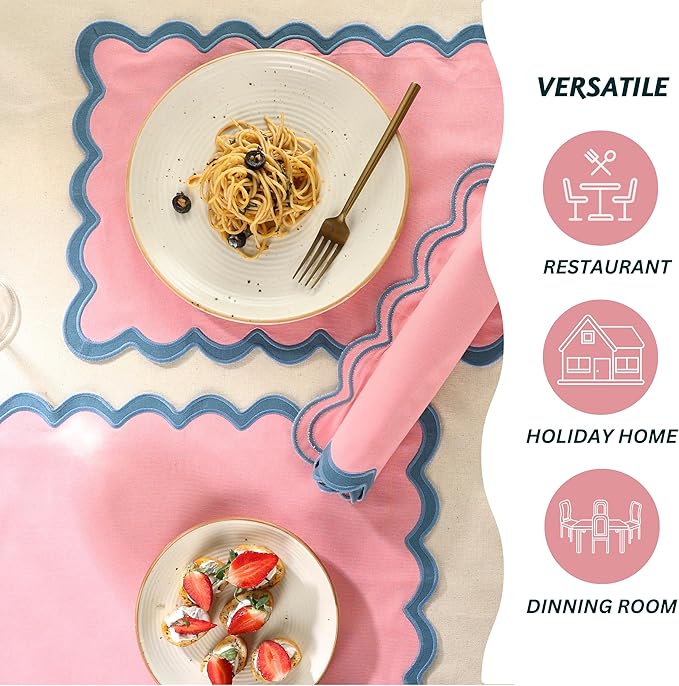 Folkulture Placemats Set of 4 (13 x 19) | 100% Cotton, Cute, Heat Resistant,Machine Washable Scalloped Place Mats | Pink Rectangular Cloth Table Placemats or Dining Table Mats for Dinner Party