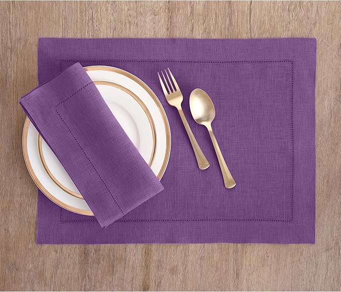 Solino Home Purple Linen Napkins Set of 4-100% Pure Linen Hemstitch Dinner Napkins 20 x 20 Inch for Mothers Day, Spring, Summer - Classic Hemstitch