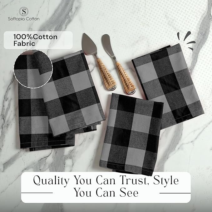 Buffalo Plaid Cloth Napkins, Set of 4, Soft, Durable, Table Fabric Napkins, Check Napkins for Dinner, Wedding, Restaurant, Buffet, Party, Halloween - Light Grey, Black White (16"x16")