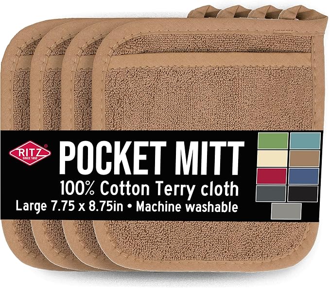 RITZ Terry Pocket Mitt & Hot Pad: Unparalleled Heat Resistant, Durable 100% Cotton – Ergonomically Designed for Optimal Grip – Easy-Care Machine Washable – 4-Pack, Mocha Brown