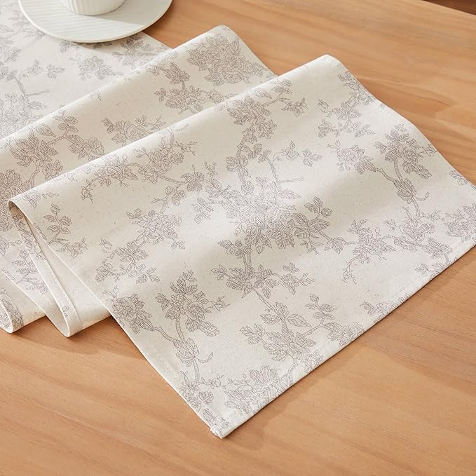 100% Cotton French Pastoral Table Runners, 13x72 Inch Grey Farmhouse Table Runners 72 Inches Long, Vintage Flowers Print Home Decors