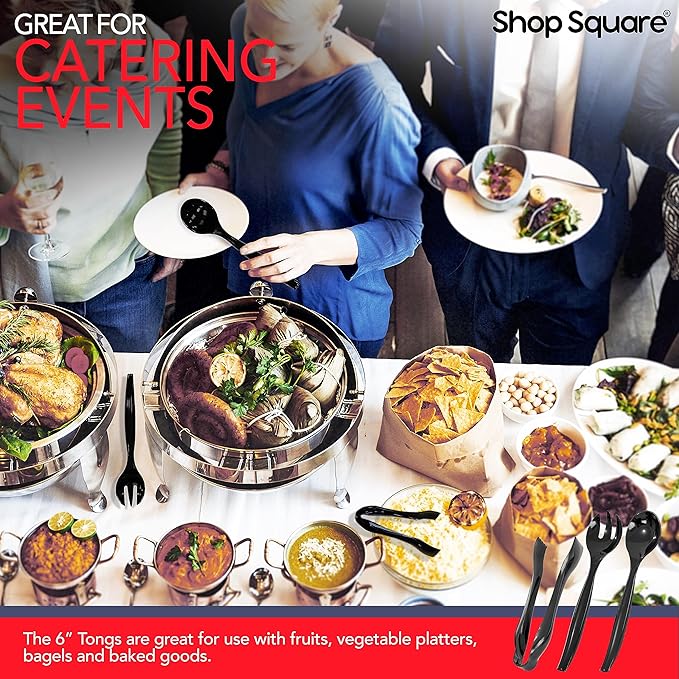 Disposable Plastic Serving Set - 18 Black Utensils, 6" Tongs, 10' Spoons, 10' Forks, Buffet & Party Use