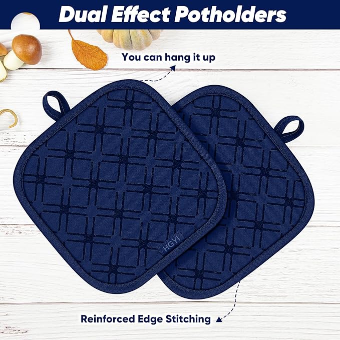 Oven Mitts and Pot Holders Set with Dishcloths, 500 Degree Heat Resistant Oven Gloves and Hot Pads, Premium Soft Cotton Kitchen Mittens and Dish Cloth Sets-Marine Blue