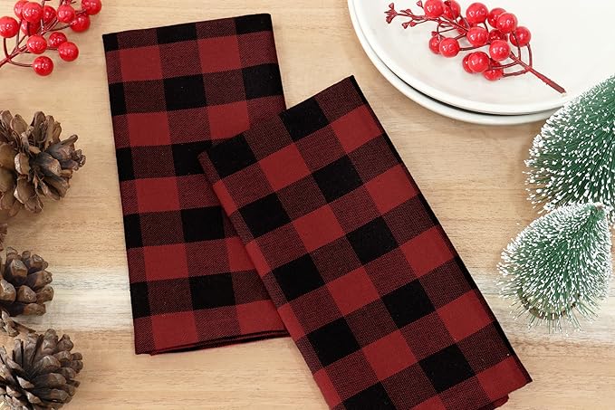 PurpleEssences Buffalo Plaid Cloth Napkins - Mitered Corners - Spring Easter Summer - Gingham Check Dinner Napkin - Set of 12-100% Cotton - 18x18 Inch - Reusable Washable - Red and Black