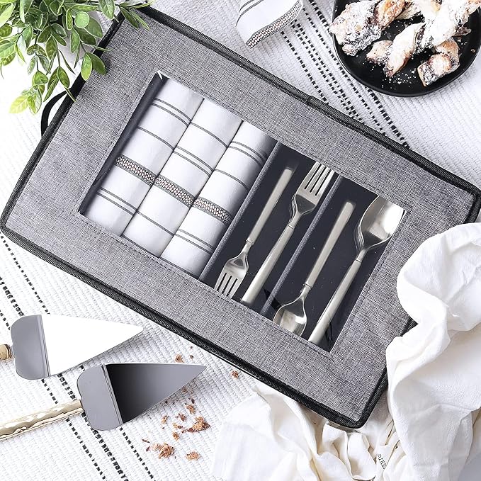Flatware & Utensil Storage, Durable Silverware Storage Box with Padded Dividers, 5 Compartment Flatware Storage Case, Silverware Case with Handles, Protects and Organizes Cutlery, Grey