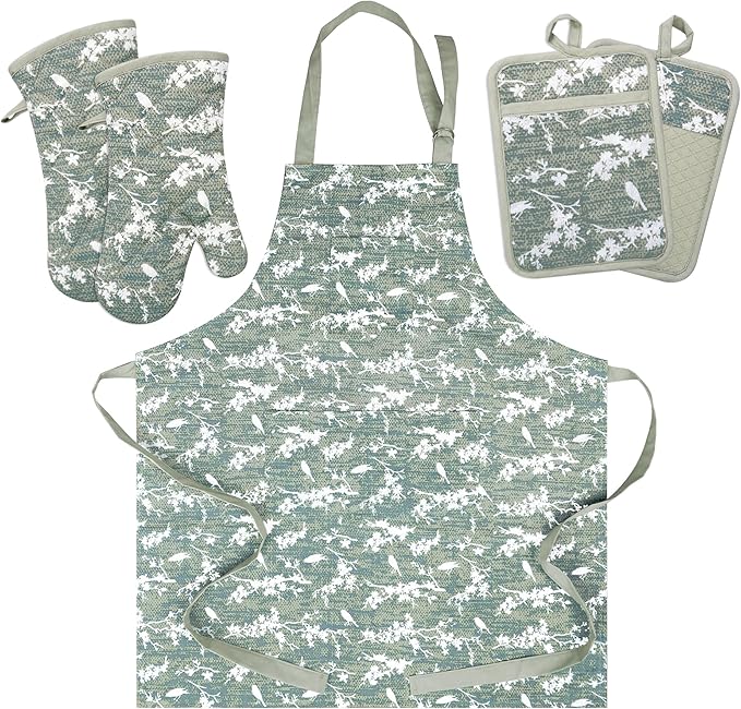 Oven Mitts and Pot Holders with Cooking Apron Set of 5, Heat Resistant Kitchen Gloves and Silicone Non-Slip Potholders, Adjustable Neck Buckle Chef Apron, Cotton Nice Design for Cooking (Aqua)…