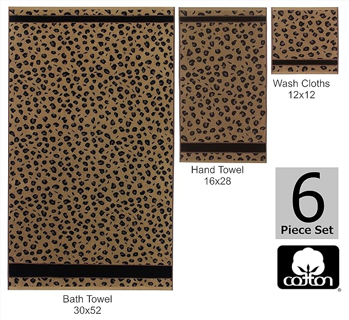 COTTON CRAFT 6 Piece Towel Set - Animal Print Leopard Cheetah Africa Safari 100% Cotton Jacquard 2 Bath Towel, 2 Hand Towel, 2 Washcloth Soft Absorbent Luxury Decorative Guest Towel Bathroom Towel Set
