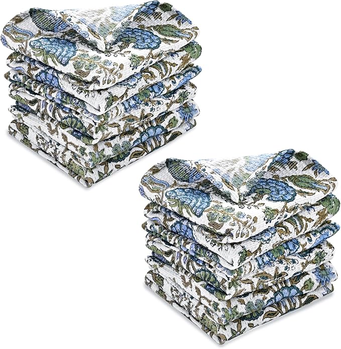 Ridhi Asparagus Green Hand Block Print Cotton Waffle Dish Cloth Set of 12-12x12 Inch Super Absorbent, Soft, Reusable Kitchen Towels for Dish Drying Cleaning, Ideal for Spring, Easter, Valentine