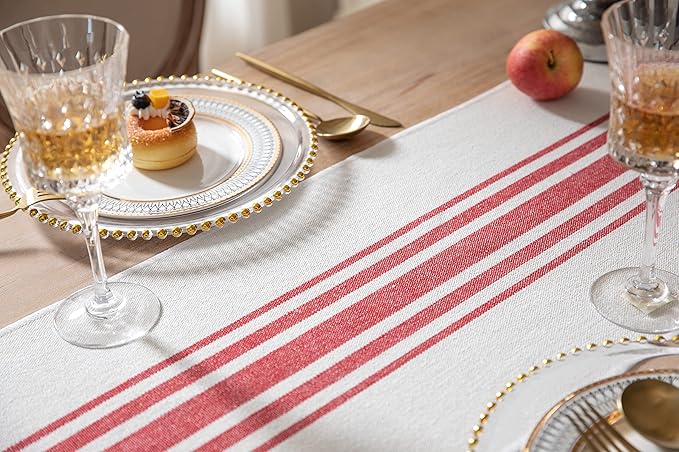Christmas Table Runner 13 x 60 Inch for Dining Table, Boho décor Coffee Table Runner with Handcrafted Tassels, red and Beige Stripe Table Runner for Holiday, Winter