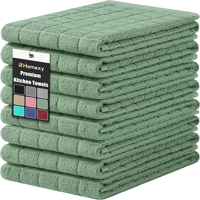 Homaxy Premium Cotton Kitchen Towels 16"x 28", Large Natural Ring Spun 390 GSM Dish Towels, Super Absorbent Terry Kitchen Hand Towels, Soft Tea Towels with Hanging Loop, Pure Grass Green, 8 Pack