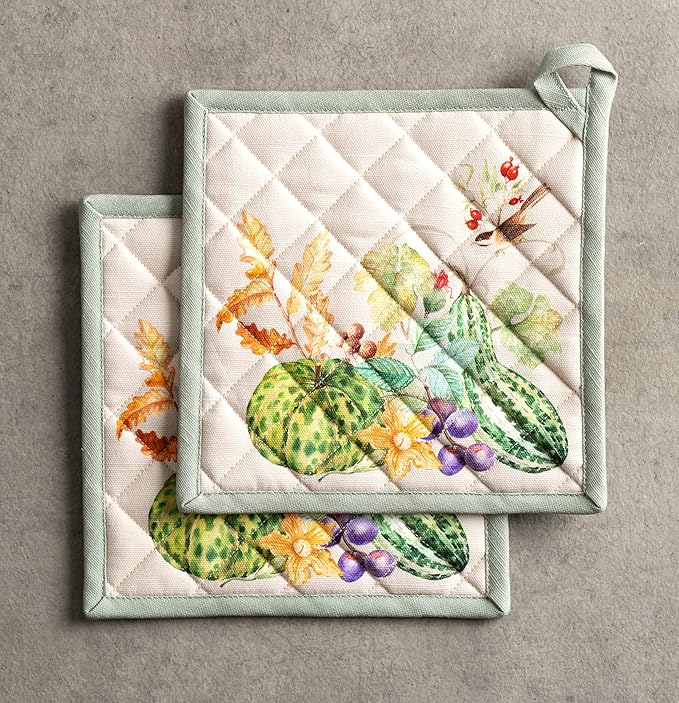 Maison d' Hermine Pot Holders Set 100% Cotton Heat Resistant Potholders 8" x 8" Hot Pads with Loop for Thanksgiving Christmas Decorations BBQ Cooking Baking Handling Hot Pans (Pack of 2, Lumina)