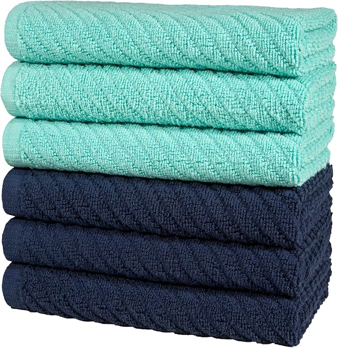 Premium Kitchen Towels (16”x 25”, 6 Pack) | Large Cotton Kitchen Hand Towels | Dish Towels | Diagonal Weave Design | 445 GSM Highly Absorbent Tea Towels Set with Hanging Loop | Aqua & Navy