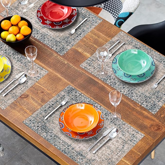 aportt Grey Brown Ethnic Boho Placemats Set of 6 Bohemian Carpet Vintage Gray Linen Washable Kitchen Dining Table Mats Stain Heat-Resistant Desktop Decor Place Mats for Home Party Indoor 12x18 in