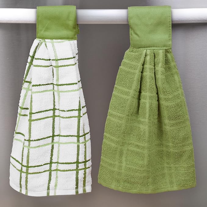 Ritz Premium 100% Cotton Solid and Multi Check Kitchen Tie Towel, Absorbent, Super Soft, and Fast Drying Hang Towel, Set of Two, Cactus Green
