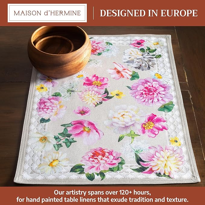Maison d' Hermine Placemats Set of 4 100% Cotton Washable Cloth Place Mats Reusable Table Mats for Kitchen Dining Party Wedding Gifts for Mothers Day Spring/Summer (Pivoine, 13" x 19")