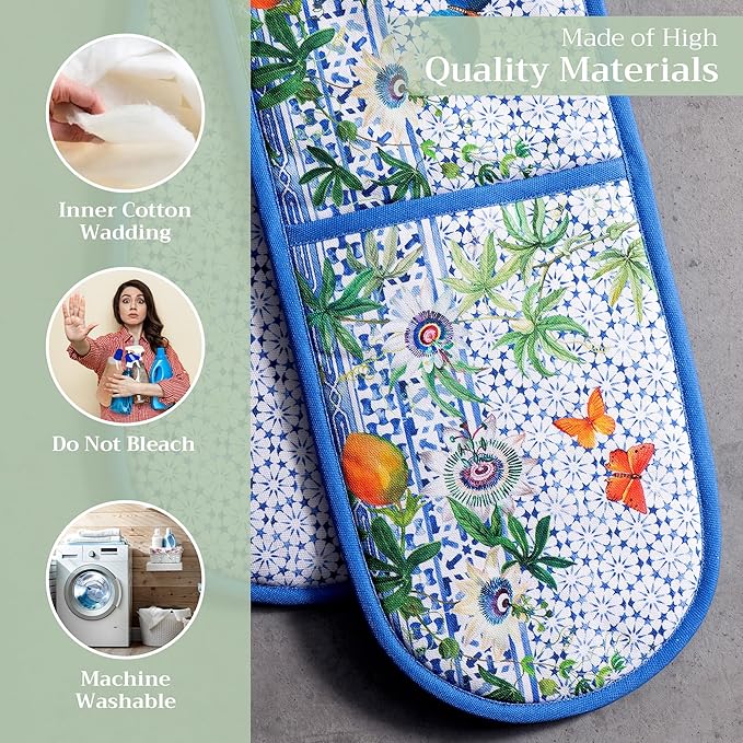 Maison d' Hermine Double Oven Mitts 100% Cotton 7"x35" Double Oven Mitt Heat Resistant BBQ Cooking Gloves with Loop Baking Grilling Gifts for Mothers Day Spring Summer (Passiflora)