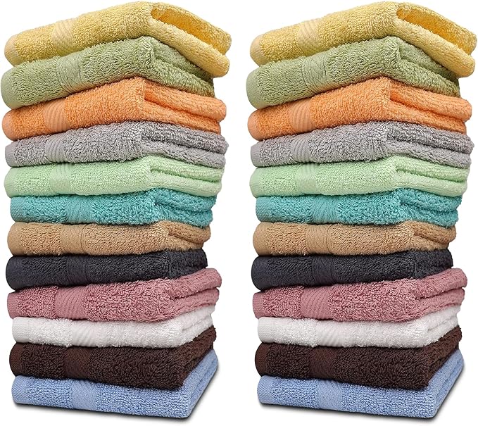 ZUPERIA 100% Cotton Bath Wash Cloths 24 Pack - 12" x 12"- Highly Absorbent Soft Washcloths for Face, Gym Towels, Hotel Spa Quality, Reusable Multipurpose (12 Multicolors)