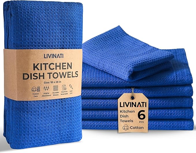 Highly Absorbent Cotton Dish Towels for Drying - Set of 6 Royal Blue Kitchen Towels - 18"X28" Lint Free Waffle Weave Cloth Linen Hand Bathroom Bulk Dishtowels