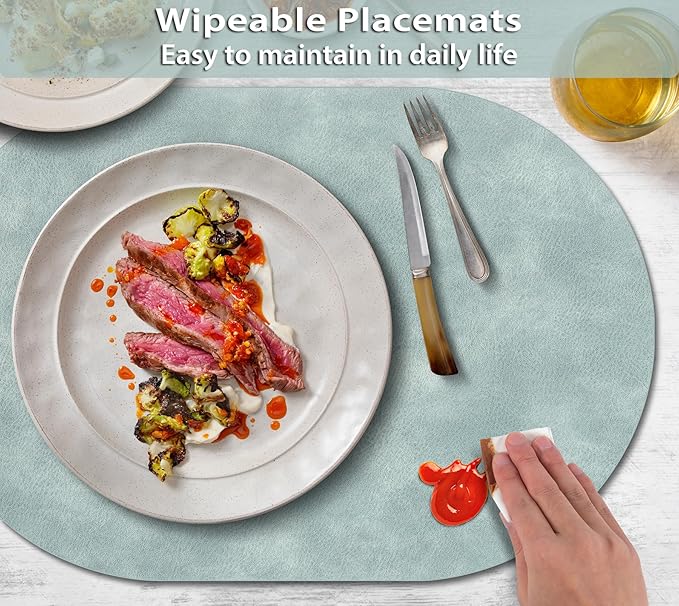 ADRIMER Placemats, Heat Resistant Oval Placemats Set of 4 Washable 12 x 17 Inch, Waterproof Table Mats, Wipeable Pu Place Mats for Kitchen, Dining Room, Light Blue