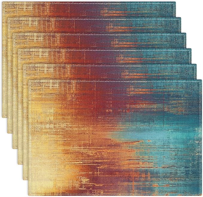 Emvency Farmhouse Placemats Set of 6,12x18 Inch Linen Rectangular Place Abstract Vintage Grunge Colorful Modern Table Mats for Indoors & Outdoor Home Party Kitchen Dining Decoration