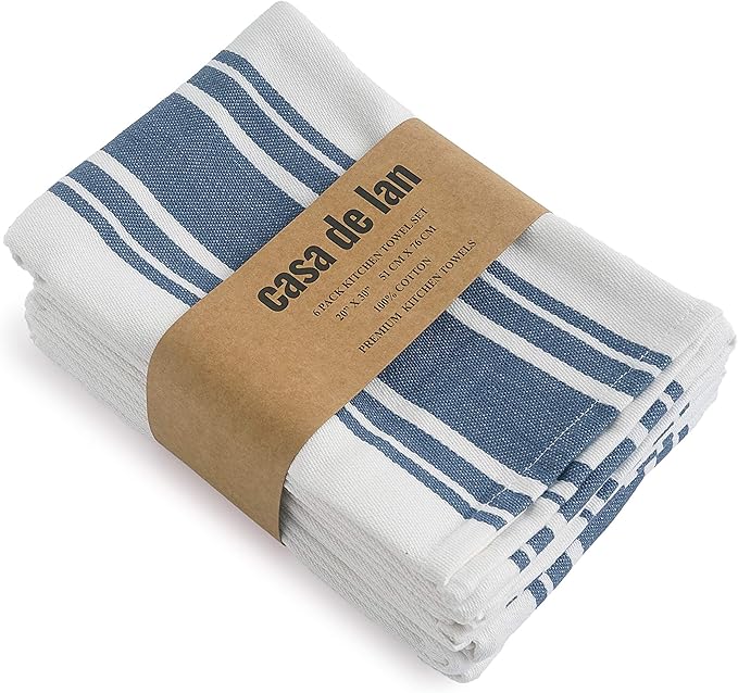 Kitchen Towels Set – Pack of 6 (20’’ x 30’’) Extra Large Premium Cotton Dish Towels for Kitchen – Super Striped Towels – Absorbent – 100% Cotton – with Hanging Loop – Blue
