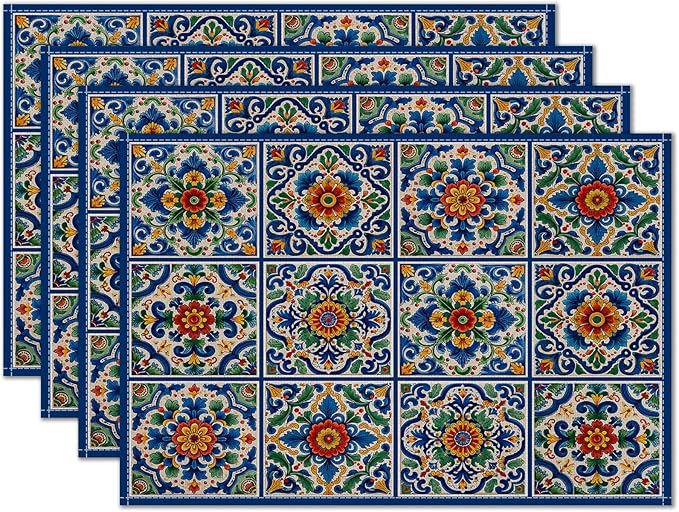 HOMETITUTE Placemats Set of 4 Linen 12x18 Inch Washable Table Mats Mediterranean Style Place Mats Decorative Placemats Set Colorful Farmhouse Kitchen Dining Table Decor