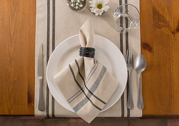 DII French Stripe Tabletop Collection Farmhouse Style Dining Table Linen Napkin Set, 20x20, Taupe/Black, 6 Piece