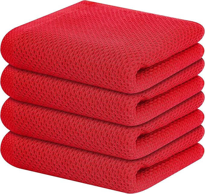 Kitinjoy 100% Cotton Waffle Weave Kitchen Hand Towels (13 x 28 Inches, Red), 4-Pack Super Soft and Absorbent Dish Towels for Drying Dishes