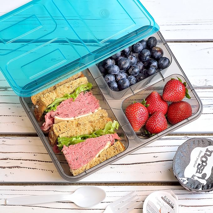 Youngever 7 Sets Thick Large Bento Lunch Box 40 Ounce, Meal Prep Containers, Reusable Plastic Divided Food Storage Container Boxes (3 Compartment)