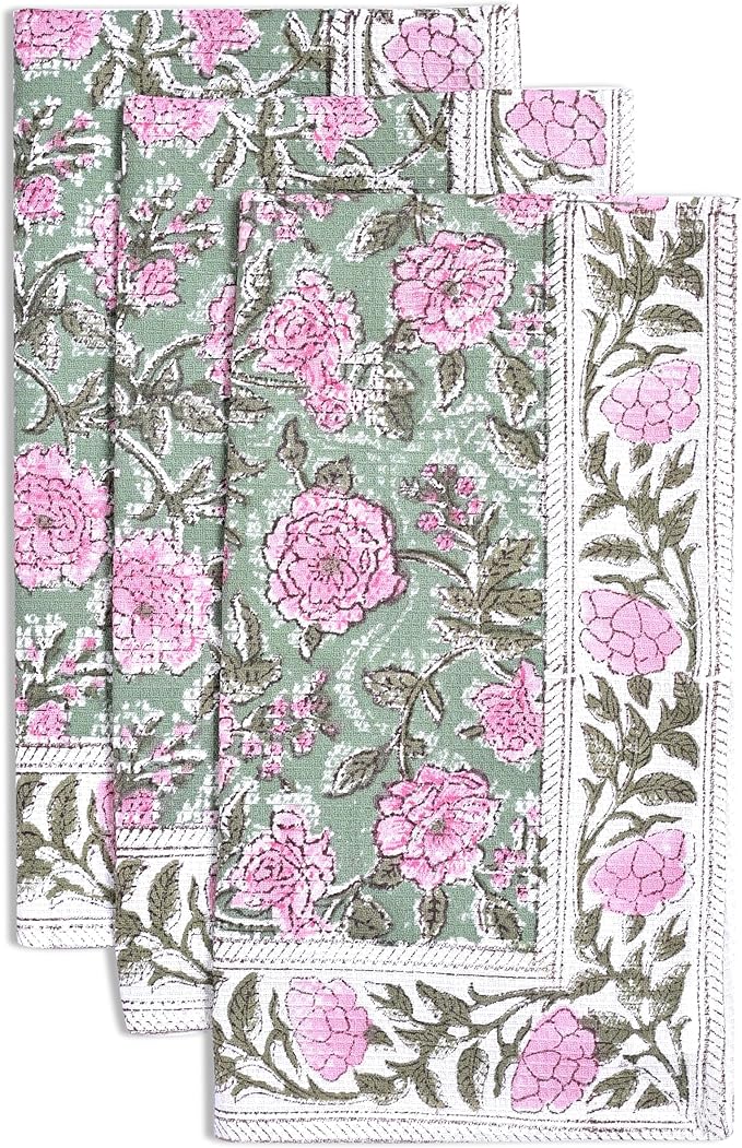 CPC Pink Tourmaline Hand Block Print Waffle Kitchen Towel Set of 3-16 x 28 Inch Ultra Absorbent Quick Dry Cotton Lightweight Reusable Sustainable Tea Towels for Cleaning and Drying Gift for Christmas