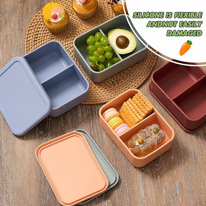 Layhit 4 Pcs Silicone Bento Box for Adults, 27 oz Bento Lunch Container Reusable 2 Compartment Lunchable Food Container for Women Men, Leak Proof Microwave Dishwasher Freezer Safe (Dark Colors)
