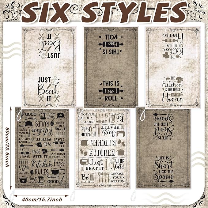 Bencailor 6 Pcs Simple Words Kitchen Towels Decorative Sets Dish Towels Absorbent Fast Drying Hand Tea Vintage Hanging Reusable Cleaning Dishcloths for Cooking Farmhouse Bathroom Accessory