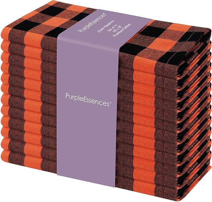 PurpleEssences Buffalo Plaid Cloth Napkins - Mitered Corners - Spring Easter Summer - Gingham Check Dinner Napkin - Set of 12-100% Cotton - 18x18 Inch - Reusable Washable - Orange and Black