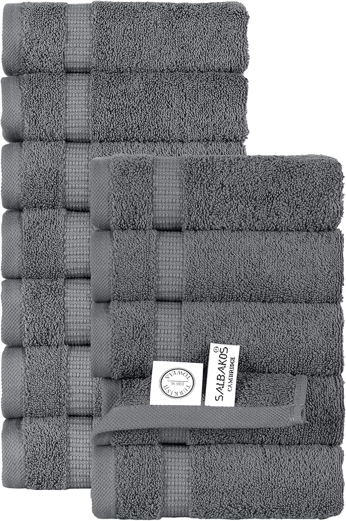 SALBAKOS 12-Piece 100% Turkish Cotton Wash Cloths for Bathroom & Face - Soft 13x13 in Small Towels for Body & Kitchen - Thick, Absorbent Multi-Use Oeko-TEX Certified Washcloths (Gray, 12 Washcloths)
