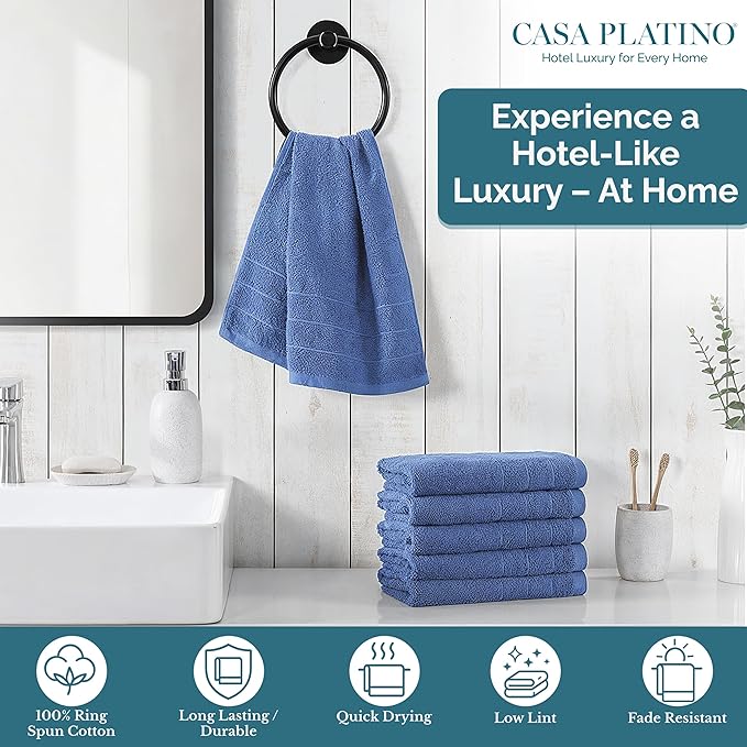 CASA PLATINO Bath Hand Towels for Bathroom - Pack of 6 (16"x28"), 100% Cotton Hand Towel - Soft, Durable, Quick Dry & Highly Absorbent - Hotel Quality Face Towels for Salons & Home Use - Cerulean Blue