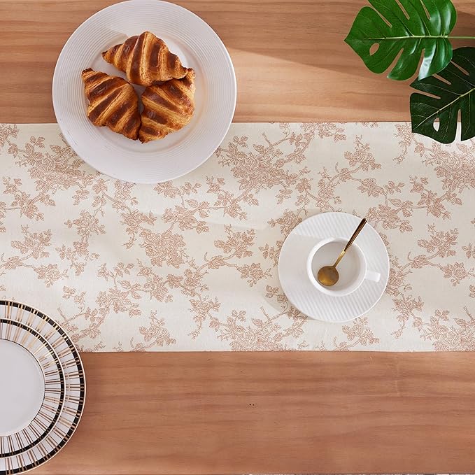 100% Cotton French Pastoral Table Runners, 13x72 Inch Taupe Farmhouse Table Runners 72 Inches Long, Vintage Flowers Print Home Decors