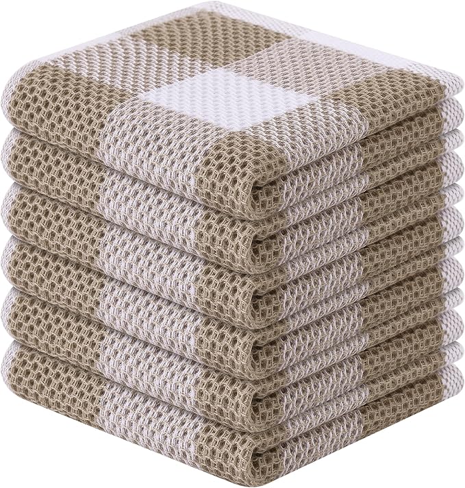 Homaxy 100% Cotton Waffle Weave Check Plaid Dish Cloths, 12 x 12 Inches, Super Soft and Absorbent Dish Towels Quick Drying Dish Rags, 6-Pack, White & Khaki