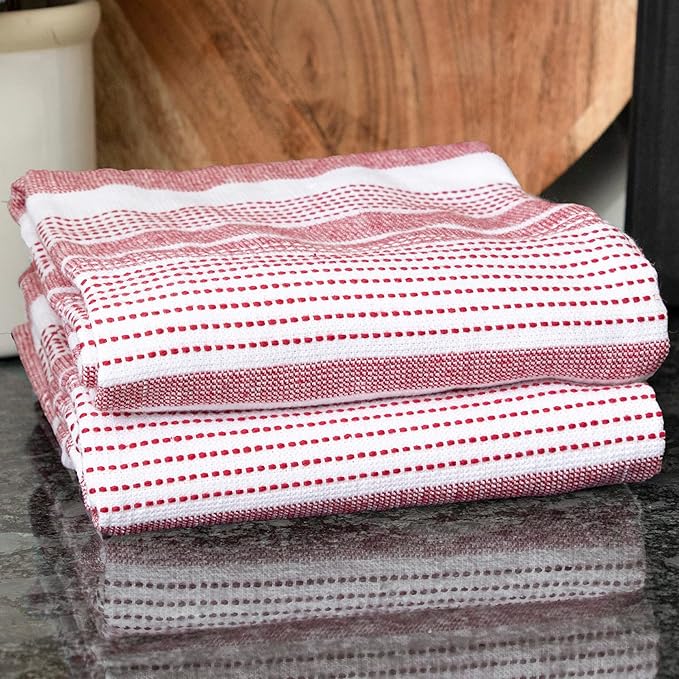 T-Fal Premium Dual-Sided Skipping Striped Kitchen Towels (2-Pack), 18" x 28", Highly Absorbent, Long-Lasting, Reversable 100% Flat-Weave Cotton Dish Towels, Hand Towels, Bar Towels, Paprika