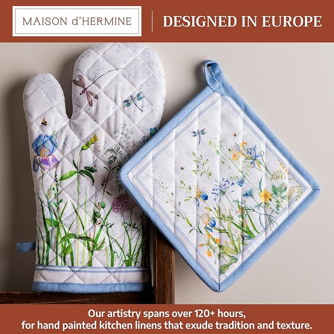 Maison d' Hermine 100% Cotton Oven Mitt & Pot Holder Set (7.5"x13" & 8"x8") Heat Resistant BBQ Cooking Gloves with Loop Baking Grilling Kitchen Gifts for Mothers Day Spring/Summer (Fleurs De Mai)