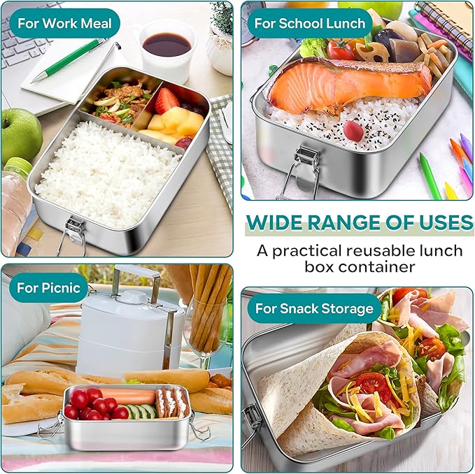 HaWare Stainless Steel Bento Box, 47oz (1400ml) Leak-Proof Lunch Box for Kids Adults, 3 Compartments Food Containers with Removable Dividers and Bag, Metal Lunch Containers for Snack Meal Sandwich