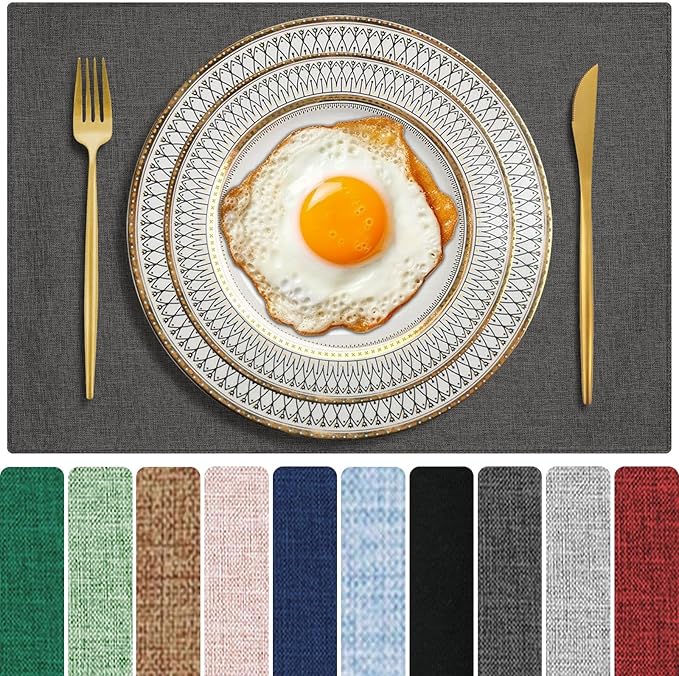 Cloth Placemats Set of 4, Cotton Linen Blend Machine Washable Double Layered Durable Place Mats Heat Resistant Placemats Wrinkle Free Thick Fabric Dining Table Mats (Dark Grey, 4)