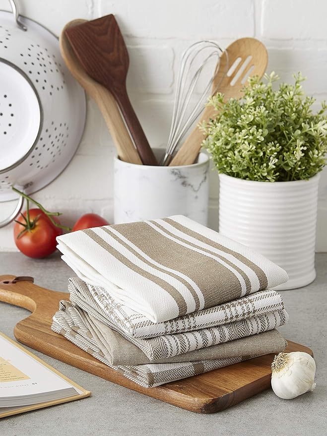 DII Assorted Woven, Kitchen Dishtowel Set, 18x28, Brown, 5 Piece